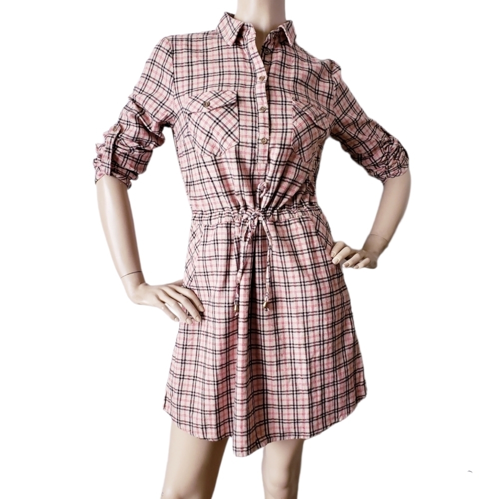 Rosette Tan, Red & Black Plaid Shirt Dress With Pockets & Waist Ties